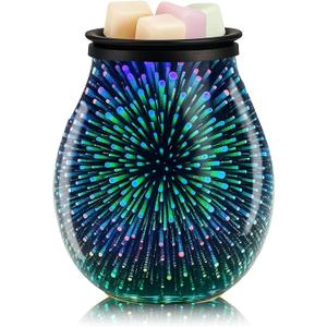 Leyoue 3D Glass Fireworks Electric Wax Melt Warmer with PTC Heating Plate Reusable Silicone Tray 7 Colors LED Changing Light Wax Burner Melter Fragrance Warmer for Home (3D)