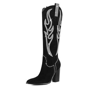 Celbreez Black Cowboy Boots for Women Suede Knee High Western Boots Rhinestone Embroidered Cowgirl Boots Wide Calf Pointed Toe Side Zip Long Boots Chunky Heel Tall Boots, Size 7