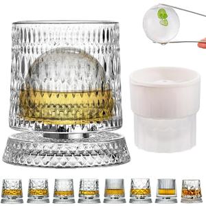 360 Degree Rotating Whiskey Glass Set with Ice Ball Mold, Crystal Clear Bourbon Scotch Glassware for Men, Fun & Novelty Gifts (Pattern 9)