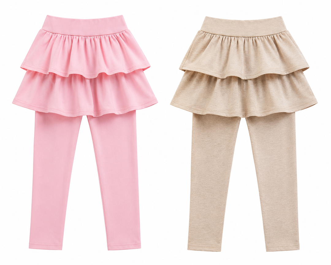 2Pack Girls School Uniform Pants Leggings with Skirts Stretch Warm Jegging , 5-6Y, Pink, Nude