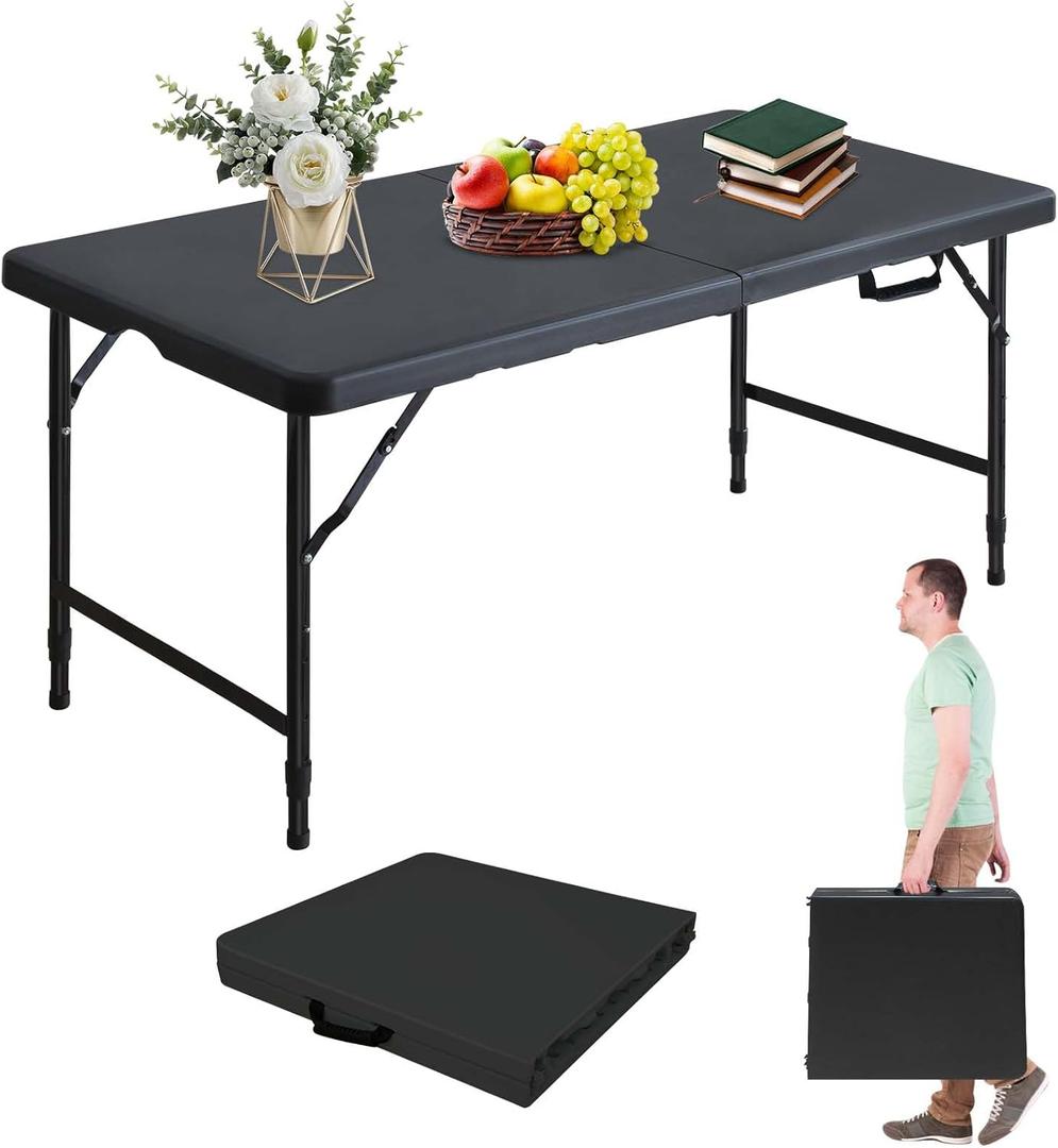 Portable 4Ft Folding Table, Heavy Duty Plastic Fold-in-Half Utility Foldable Table Small, Adjustable Height Plastic Folding Table with Carrying Handle for Camping & Party Indoor/Outdoor(Black)