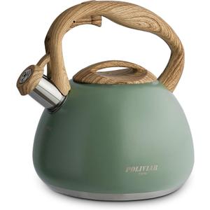 Poliviar Tea Kettle, 2.7 Quart Seaweed Green Finish with Wood Pattern Handle Loud Whistle Food Grade Stainless Steel Teapot, Anti-Hot Handle and Anti-Rust, Suitable for All Heat Sources (JX2020-SB30)