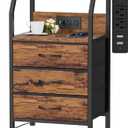 Furnulem Night Stand with Charging Station, USB Ports and Outlets, 28.3 Inch Tall Bedside Table with Wood Shelf, 3 Fabric Drawers Side Table for Bedroom, 3 Ways to Use, Rustic Brown