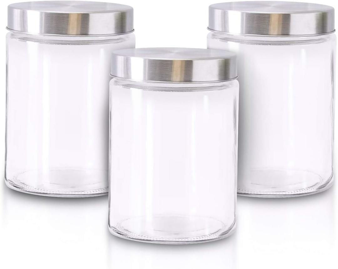 Glass Jars for Kitchen  Set of 3 Medium Food Storage Containers  42Oz Storage Jars with Metallic Lids  Suitable for Snacks, Coffee, Pet Treats  Screw-On Lid