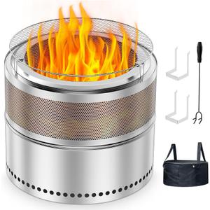 20 Inch Smokeless Fire Pits, Portable Firepit Stainless Steel Stove Bonfire, Outdoor Wood Burning Fireplace with Removable Ash Pan & Grill Rack, 360 Ventilation, for Camping, 4-6 People (Silver)