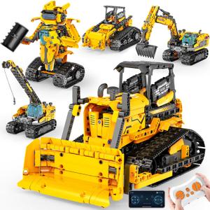 5in1 STEM Robot Building Toys for Kids 6-12, App & Remote Control STEM Excavator Bulldozer Crane Robot Building Kits, 736PCS DIY Educational Construction Building Sets, Erector Set Gift for Boys Girls, Small