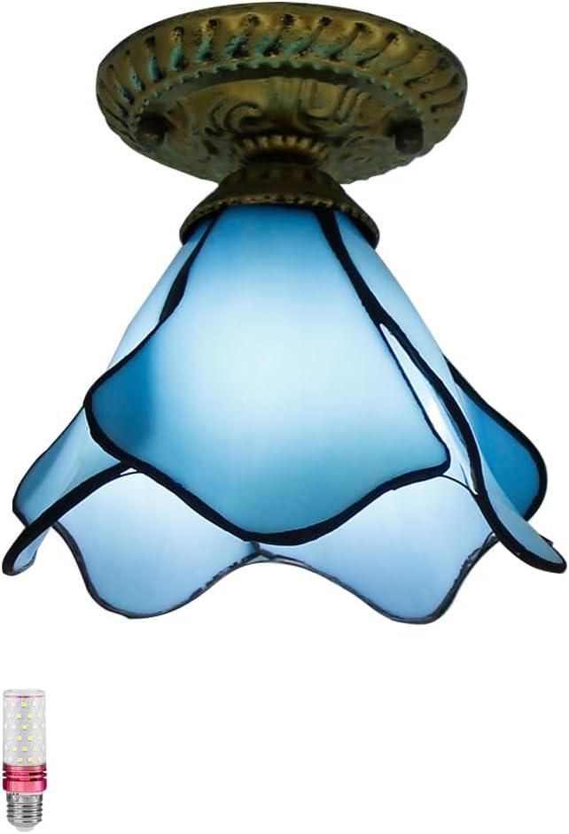 Tiffany Style Ceiling Lighting Fixtures, Antique Flower Flush Mount Ceiling Light, Stained Glass Light for Hallway Bedroom in Blue