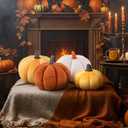 Yookeer 2 Pcs Fall Halloween Pumpkin Pillows, Velvet 3D Simulated Pumpkin Throw Pillow Soft Decorative Sofa Cushion for Thanksgiving Autumn Harvest Farmhouse Home Decor (Yellow,7''+11'')