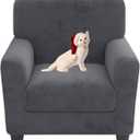Velvet Armchair Covers 2 Pieces Chair Covers for Living Room Super Stretch Anti Slip Chair Slipcovers with Arms Dogs Pets Armchair Furniture Protector with Elastic Bottom (Grey, Chair)