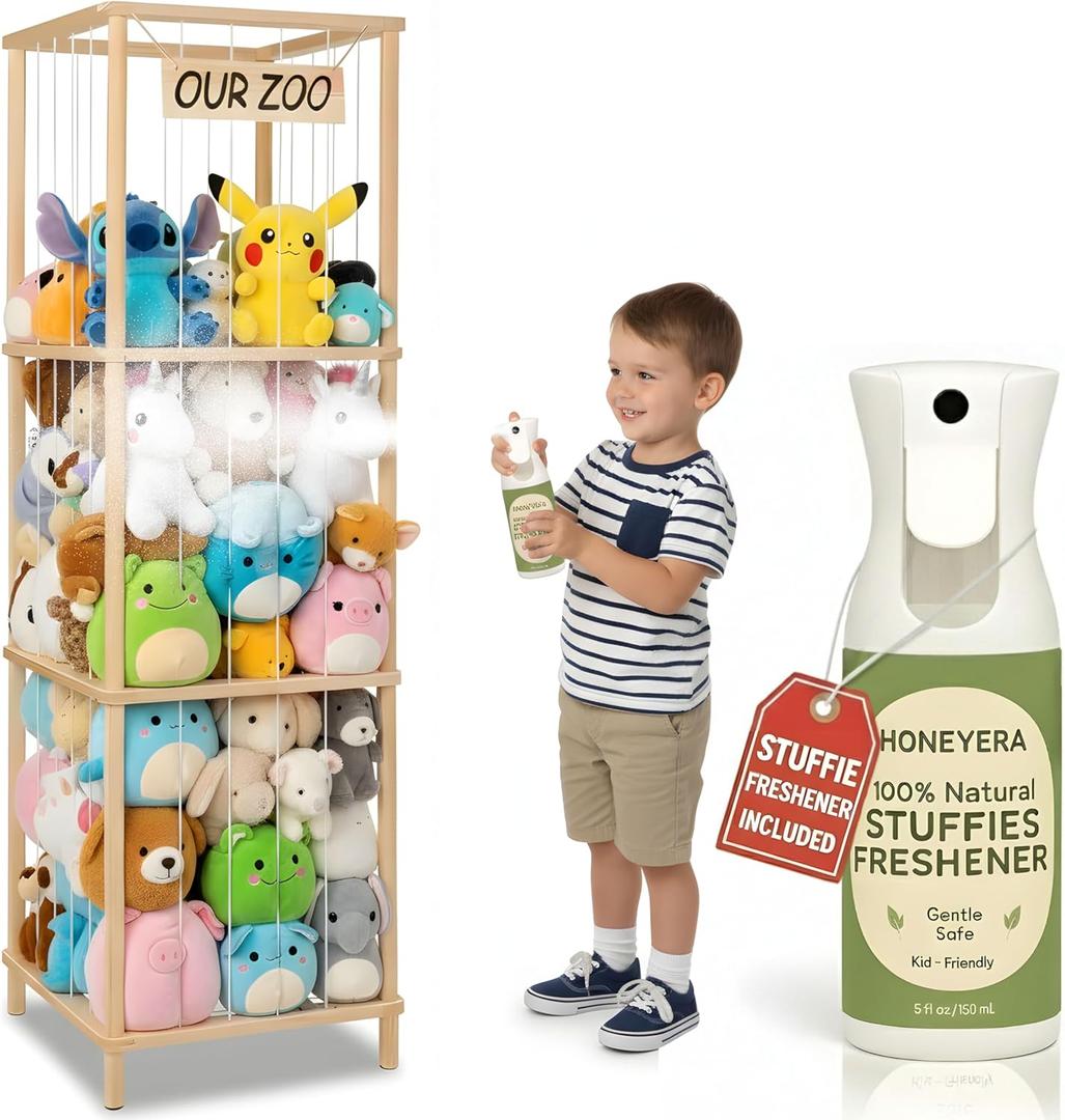 Honeyera Stuffed Animal Storage & Organizer with Stuffies Freshener Spray, Wooden Cute Zoo Toy Holder for Toddler Rooms, Playrooms & Bedrooms