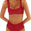 ANRABESS Bathing Suit for Women Tummy Control Bikini Set 2025 Beach Front Ruched Mid Waist Swimsuit with Adjustable Straps (Medium, Red)