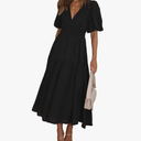 Lucrosun Women's Summer V Neck Short Puff Sleeve A Line Tiered Midi Dress Small
