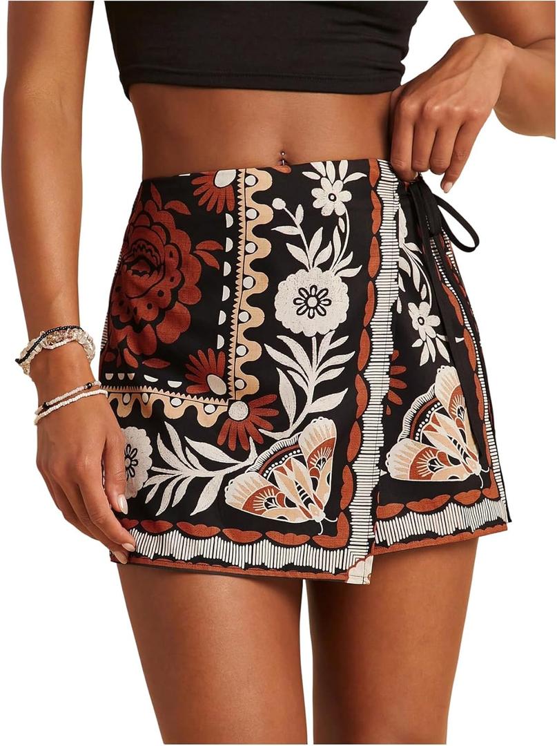 SweatyRocks Women's Shorts Floral Print Tie Side Wrap Elastic Waist Boho Short Skorts (X-Large, Black)