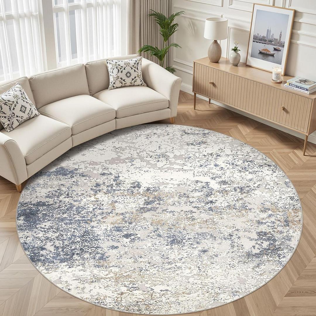 10ft Round Area Rug Living Room Rugs - 10x10 Washable Circle Rug Large Soft Indoor Neutral Modern Abstract Low Pile Carpet for Bedroom Dining Room Farmhouse Home Office - Beige Blue
