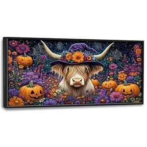 Highland Cow with Halloween Large Decor Wall Art Framed Pictures for Living Room, Pumpkins Oversized Canvas Print Painting Modern Extra Large Framed Artwork for Bedroom Office Home Decor 60"x30"