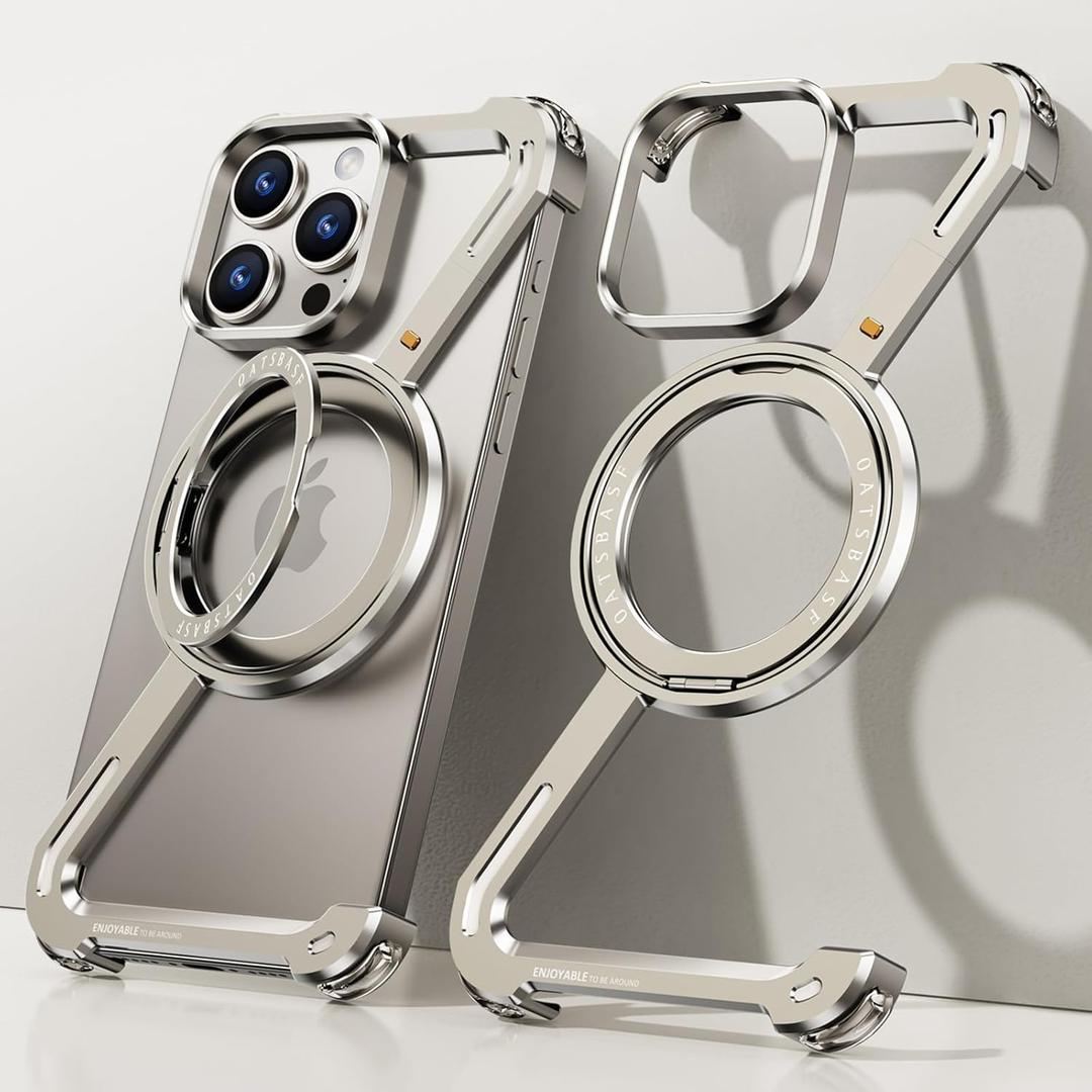 Z Case for iPhone 15 Promax Frameless, with Magsafe Kickstand Minimalist Rimless Metal Slim Hard Ultra Thin for iPhone 15 Pro Max Bumper Case with Ring Holder Magnetic Stand for Men, Natural