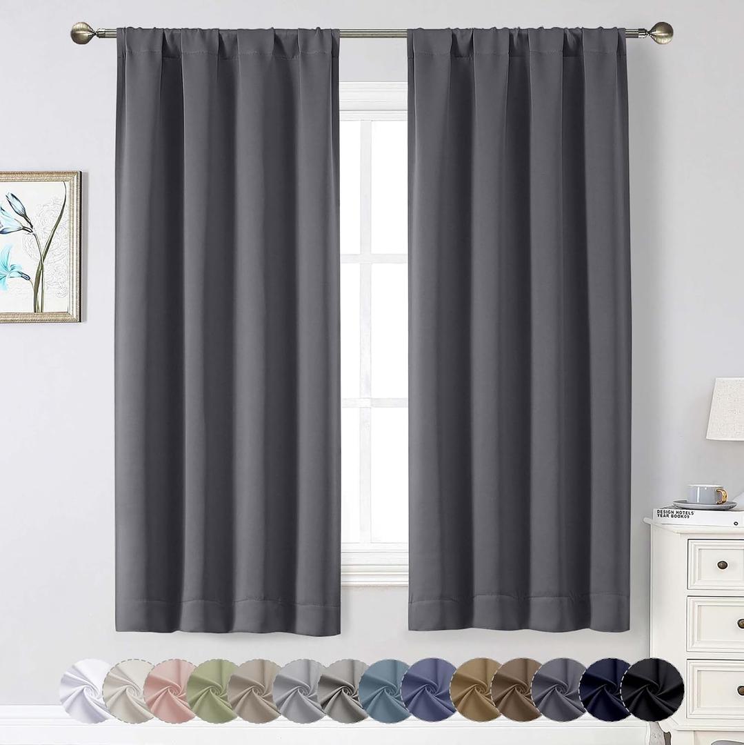 Grey Blackout Curtains for Bedroom Living Room 63 Inch Length 2 Panels Set, Soft Solid Room Darkening Thermal Insulated Window Treatments, Rod Pocket Dining Room Curtains, Grey, 40" Wx63 L