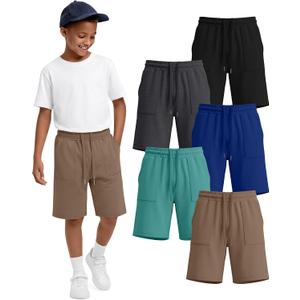5 Pack Boys Shorts Kids Athletic Summer Knee Length Sweatshort Teen Drawstring for School Short Pocket 6-16Y