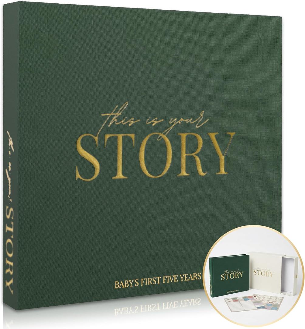 Baby Memory Book & Baby Keepsake Book to Record Baby's Milestones and Photos for Newborn Girl or Newborn Boy, Gender Neutral, Scrapbook Album, First 5 Year Journal Includes Stickers & Keepsake Box (Evergreen)