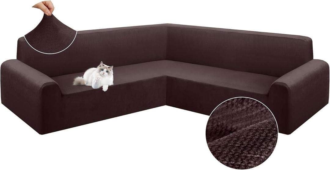Arfntevss Velvet Sectional Couch Covers L Shape Stretch Sofa Cover Extra Corner Sectional Slipcover Set Magic Thick U Shaped Sofa Covers Living Room Soft Furniture Protector (Dark Brown, X-Large)