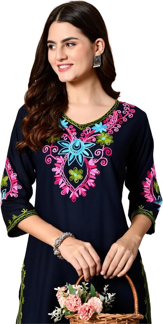 Women's Embroidered Kashmiri Tunic Top, Short Kurti on Jeans, V-Neck, 3/4 Sleeve, Floral Design (Blue, XXL)