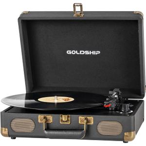 Portable Vinyl Record Player 3-Speed Bluetooth Turntable with Rechargeable Battery, Retro Suitcase Design, Aux in/RCA Line Out and Headphone Ports (White)