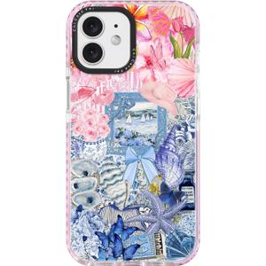 for iPhone 12 Case, Coastal Vintage Collage Pattern, Military-Grade Drop Protection, Vintage Seaside Soft Slim TPU Protective Cover with Camera Protection for Girls (PlumeriaSea)