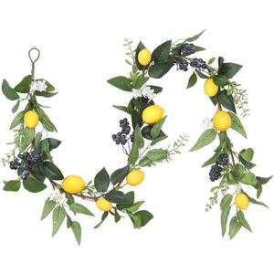 6 FT Artificial Lemon Garland for Front Door, Spring Garland with Lemons White Flowers Blueberry & Green Leaves Summer Fruit Garland for Mantel Fireplace Table, Wedding Home Party Decor