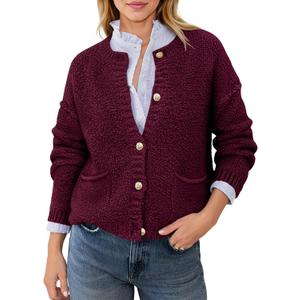 Saodimallsu Women's Chunky Knit Cardigan Button Down Crewneck Long Sleeve Cropped Sweater with Pockets (S)