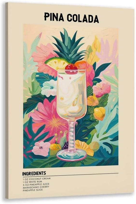 GyXzodonti Pina Colada Cocktail posters retro cocktail wall art Cocktail Drink Wall Decor Vintage bar cart decor Kitchen Home Bar Cart Club Decor Canvas Print 16x24inch Framed (16L" x 24W", style-12-Framed)