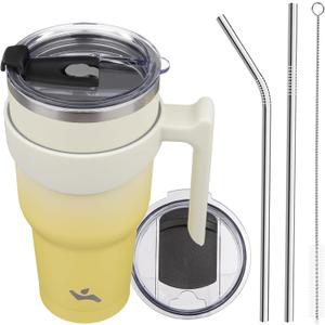 Konokyo 40 oz Tumbler with Handle and 2 Straw 2 Lid, Insulated Water Bottle Stainless Steel Vacuum Cup Reusable Travel Mug,Lemon