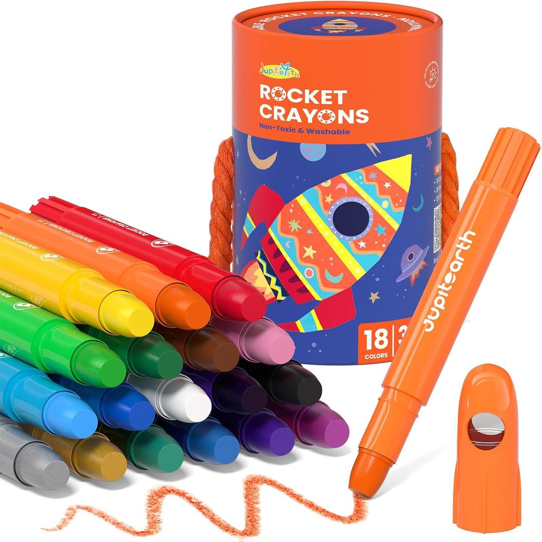 JUPITEARTH 18 Colors Twist Crayons for Toddlers 1-3, Non-Toxic Washable Crayons for Ages 4-8 with Storage Bucket, Ultra-Silky and Easy to Hold Art Supplies,Ideal Christmas Gift for Boys and Girls