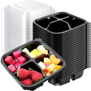 60 Pack 4-compartment Bento Snack Boxes with Lids Reusable Divided Lunch Containers for Travel Work Home Outdoor Camping (Black)