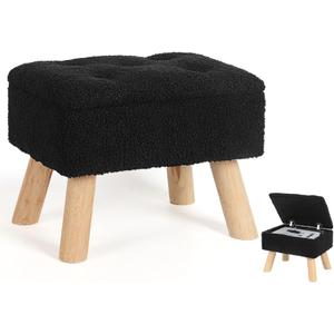 Storage Ottoman, Small Foot Stool Ottoman with Storage, Boucle Teddy Velvet Foot Rest with Padded Seat, Sturdy Wood Legs Stool for Living Room, Bedroom, Couch, Enterway (Black)