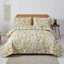 Summer Floral Quilt Full/Queen Size Lightweight Yellow Green Blossom Bedspread Flowers Leaves Botanical Coverlet Set Light Thin Soft Plant Bed Cover Garden Bedding Daybed Cover Home Decor