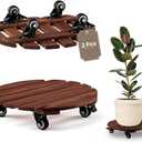 THYOI 2 Pack 14 Acacia Wood Plant Caddy with Lockable 360 Caster Wheels, 300 LB Heavy Duty Rolling Stand for Indoor Outdoor Planter Pots, Wooden Dolly for Patio (Dark Brown, Round)