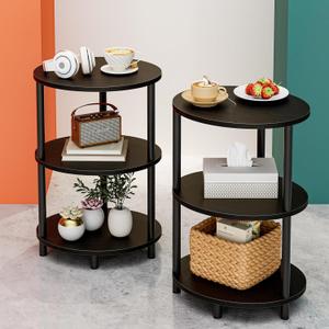 Small Round Side Table - 3-Tier Oval Accent Table for Small Spaces, Rustic Wood and Metal Couch End Table, Nightstand for Bedroom or End Table Living Room, Set of 2, Charcoal Wenge