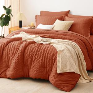 CozyLux Full Size Comforter Sets with Sheets 7 Pieces, Burnt Orange Seersucker Bed in a Bag Textured Luxury Soft Bedding Sets with Down Alternative Comforter, Sheets, Pillowcases & Shams, Terracotta
