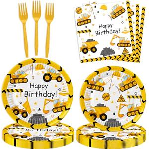 80 Pcs Construction Party Supplies Construction Disposable Paper Dinner Plates Napkins Forks Dinnerware for Dump Truck Theme Baby Shower 1st 2nd 3rd 4th Bday Party Decorations