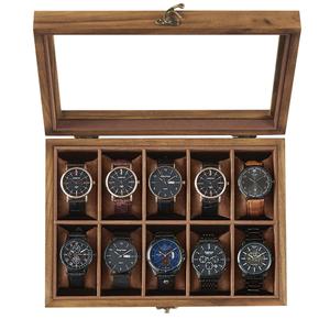 SONGMICS 10-Slot Watch Box, Watch Display Case with Large Glass Lid, Removable Watch Pillows, Velvet Lining, Gift Idea, Rustic Walnut UJOW100K01