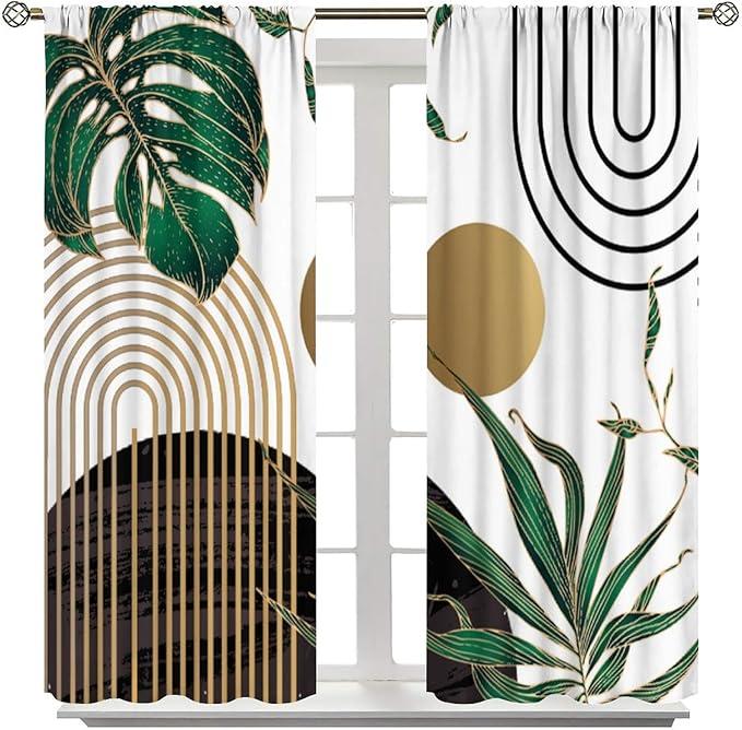 Abstract Emerald Green Curtains, Retro Boho Tropical Leaves Window Treatments Sun Geometric Arch minimalisted Modern Blackout Window Drapes for Living Room Bedroom Kitchen W42xL54in