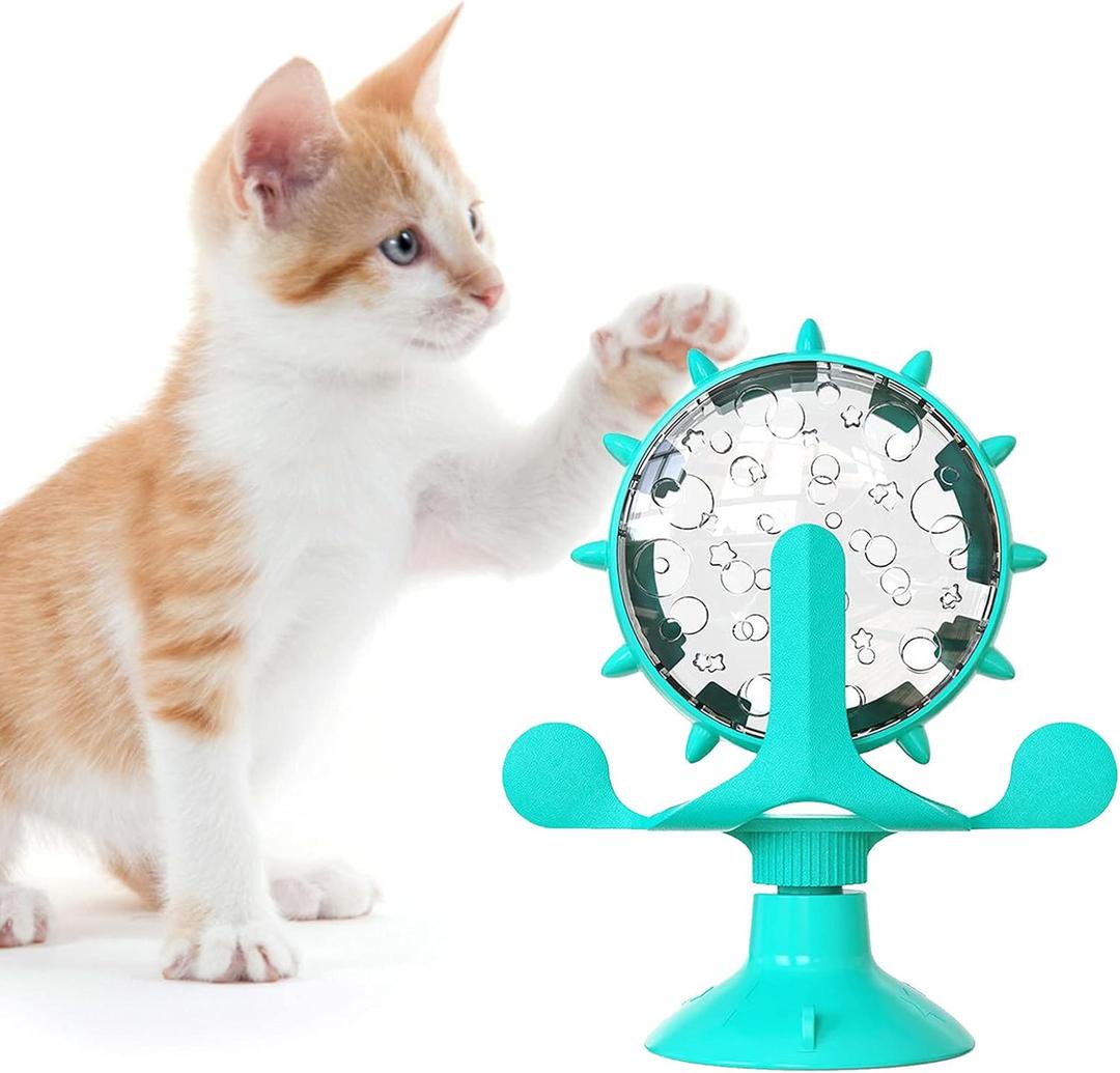 Interactive Cat Food Treats Dispenser Toy for Indoor Cats, 360 Rotating Windmill Suction Cup Toys for Small Pet, Puzzle Original Slow Dog Feeder Snack Distribution & Exercise Wheel Toy (Lake Blue)