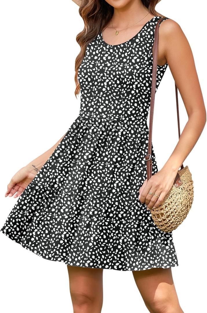 AUSELILY Womens Summer Dress Casual Sleeveless Crewneck T Shirt Sundress Flowy Tiered Swing Mini Dresses (S)