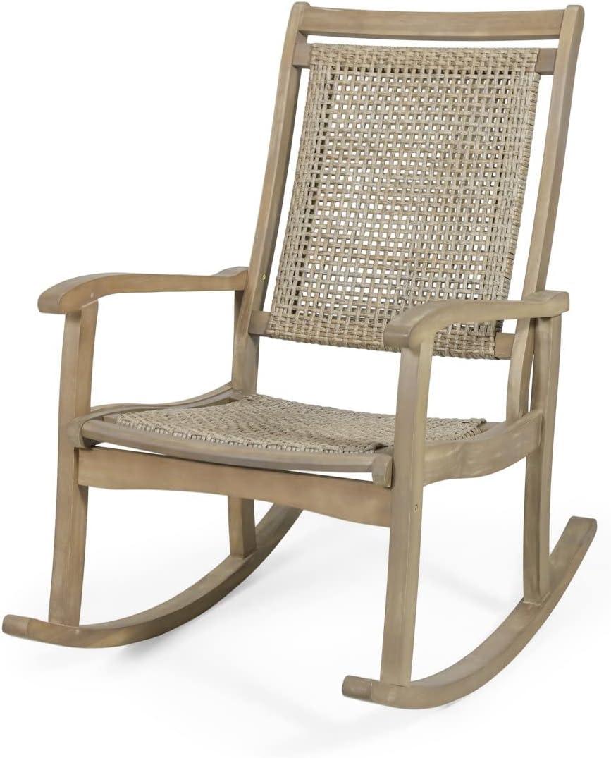 Christopher Knight Home Pearsall Acacia Wood Outdoor Rocking Chair, Wicker Rocking Chair, Patio Recliner Chair, Light Brown, 24" W x 38" D x 39.75" H