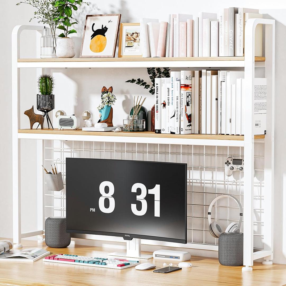 HUATOL 2-Tier Desktop Bookshelf, Multipurpose Wood Countertop Shelf for Computer Desk, Wood Desk Hutch Bookshelf Desk Organizer for Office Home Dormitory, 29.6 * 7.9 * 38 in