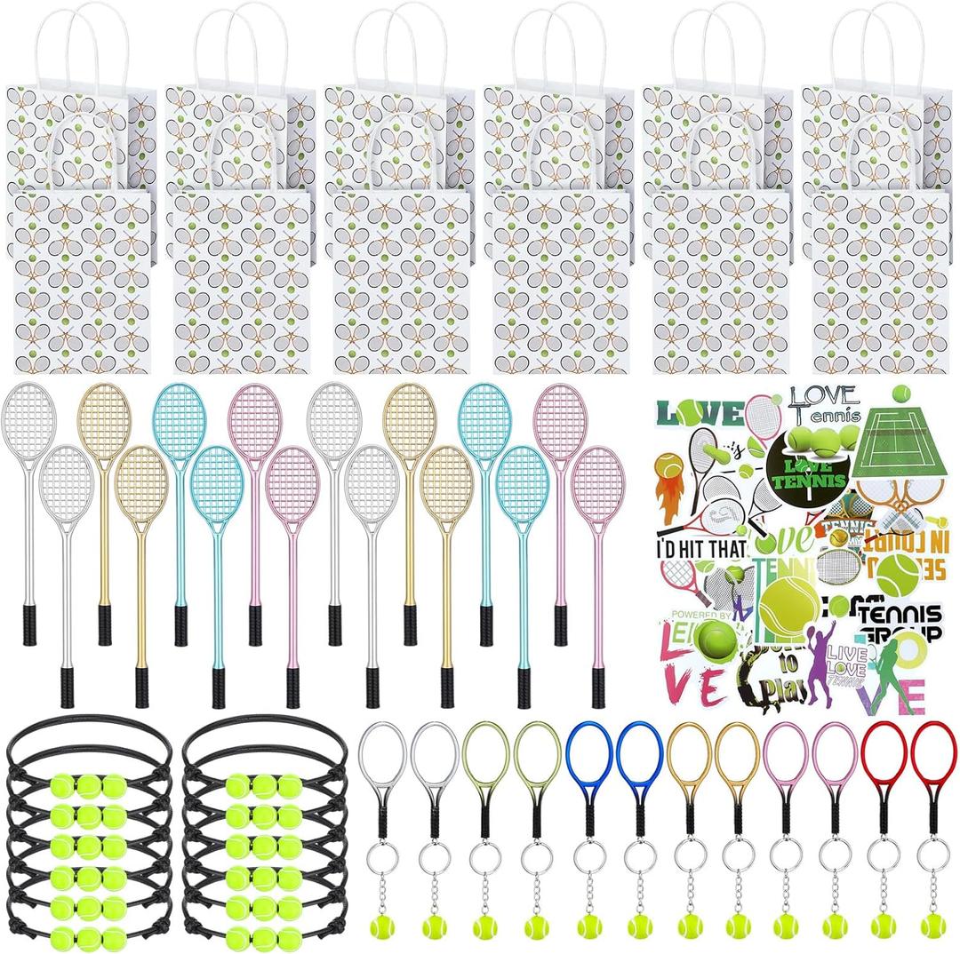 98 Pcs Tennis Party Favors, Tennis Party Decorations Includes 50 Stickers 12 Mini Racket Keychain 12 Charm Bracelets Racket Shape Pens Paper Bags