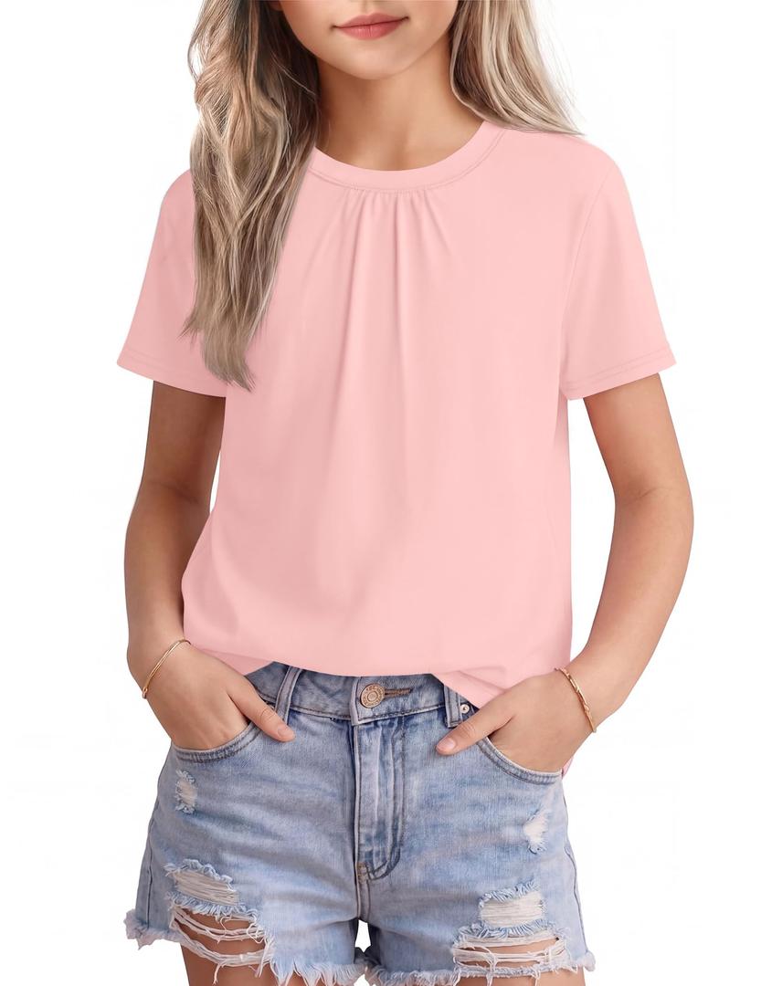 PATPAT Girls Pleated Short Sleeve T Shirt Size 15-16 Years Crewneck Pain Summer Shirts Tween Girl Casual Fashion Preppy Tops Tees Pale pink