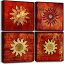 Vintage Flowers Pattern Canvas Prints Wall Art for Bedroom 4 Piece Framed Artwork Abstract Red Sunflower Picture for Home Office Decoration 16x16, 16"x16"x4pcs