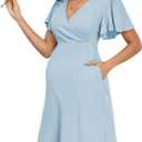 2024 Summer Maternity Nursing Dress Pockets Baby Shower Wedding Guest Pregnancy Short Ruffle Sleeves A-line Midi (Light Blue, Fine Ribbed, 2xl)