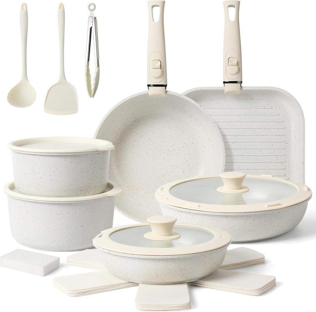 Pots and Pans Set Non Stick 20PCS, Ceramic Cookware Set Detachable Handle Non Toxic Stackable Kithchen Set, Dishwasher Oven Safe Induction Compatiable Frying Pans Pots Skillets, White